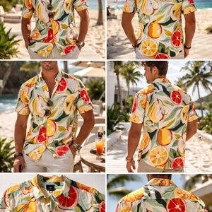 H&M Tropical Fruit Print Button-Up Shirt – Size L | 100% Cotton